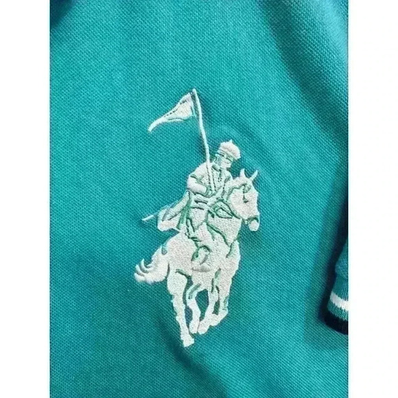 Men’s Polo Franky Max Shirt Big Pony Number 9 Size XL Teal White Ringer Collared - Picture 5 of 12